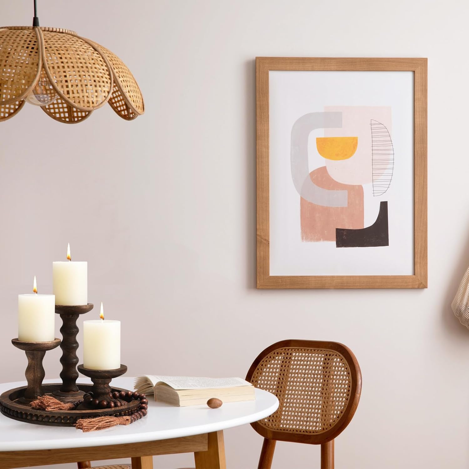 8 Pcs Farmhouse Wood Candle Holders with Pillar Candles Set Wooden Rustic Candle Holders Round Decorative Serving Tray Bead Garland with Natural Wood Tassels for Table Centerpiece (Brown)