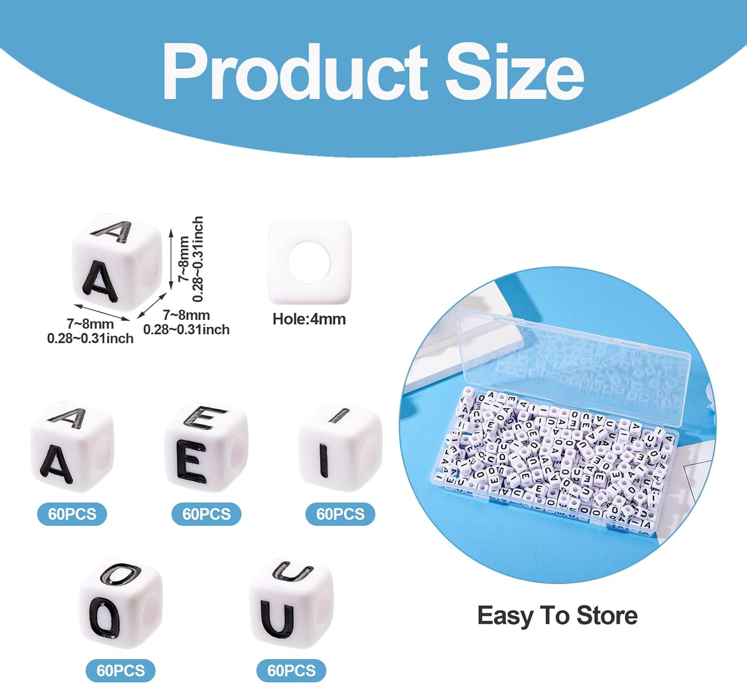 Cheriswelry 300Pcs White Cube Letter Alphabet Beads with Black Vowel Letter Acrylic Square Pony Bead Spacers Large Hole Loose Letter Beads 7-8mm for DIY Jewelry Making Bracelet Necklace Keychain - Image 4