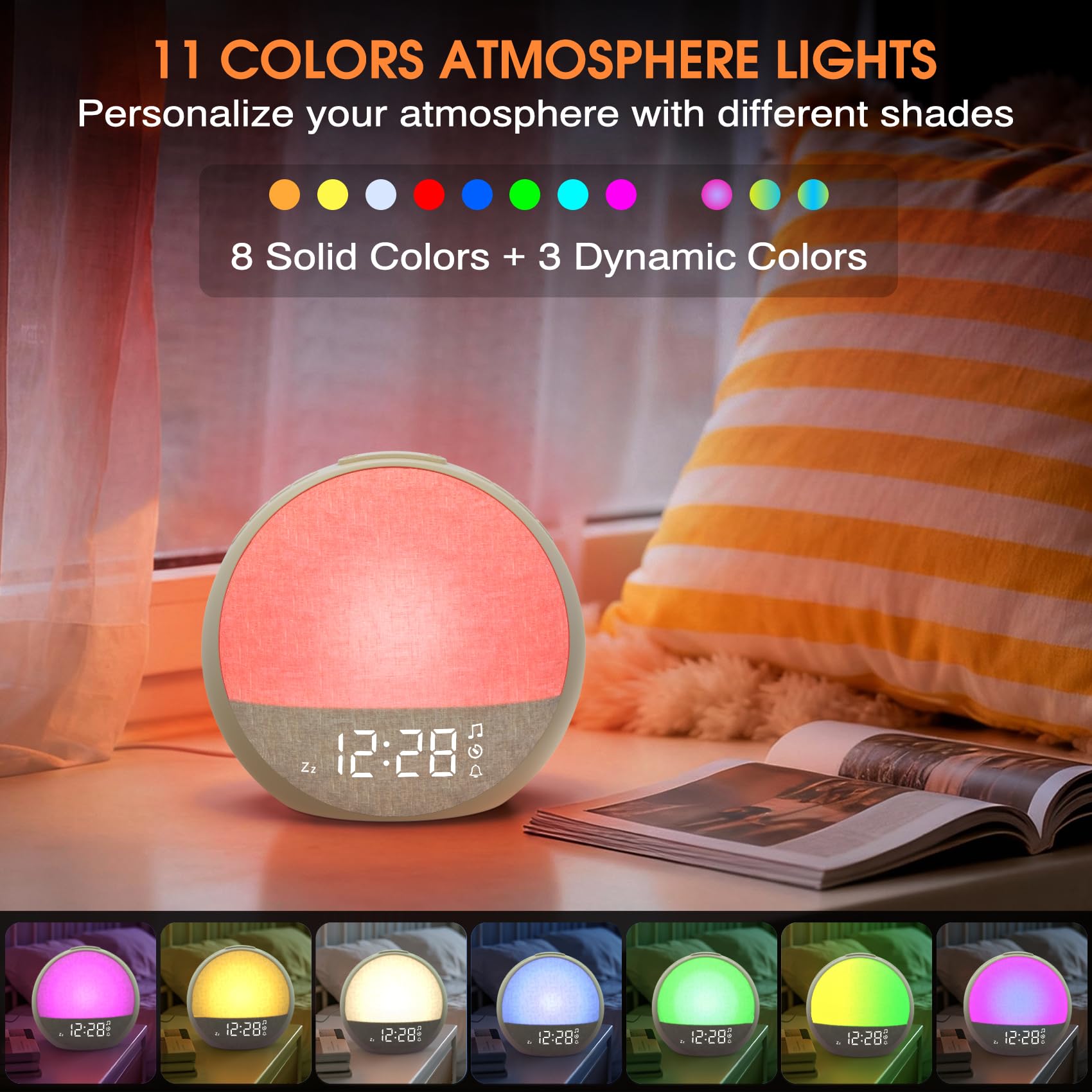 APUZOM Reveil Lumineux Simulateur d'Aube, Eveil Lumière Réveil Matin avec 7 Sonneries, 30 Sons Naturels, Minuteur, Snooze, Lampe de Chevet avec 11 Couleurs Veilleuse, Cadeaux pour Enfant Ado Adulte