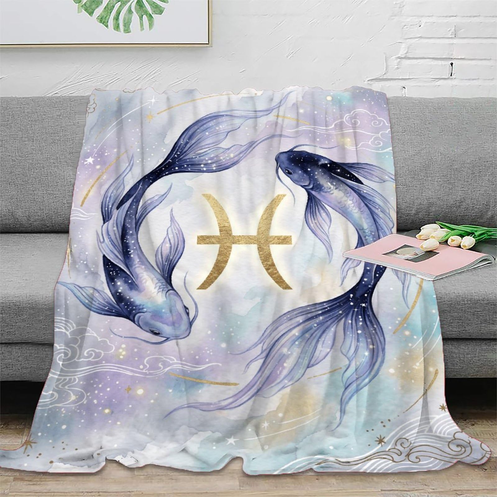 H3B8U2Y5 Pisces Koi Celestial Blanket, Flannel, Nap, Tranquil Pond Print