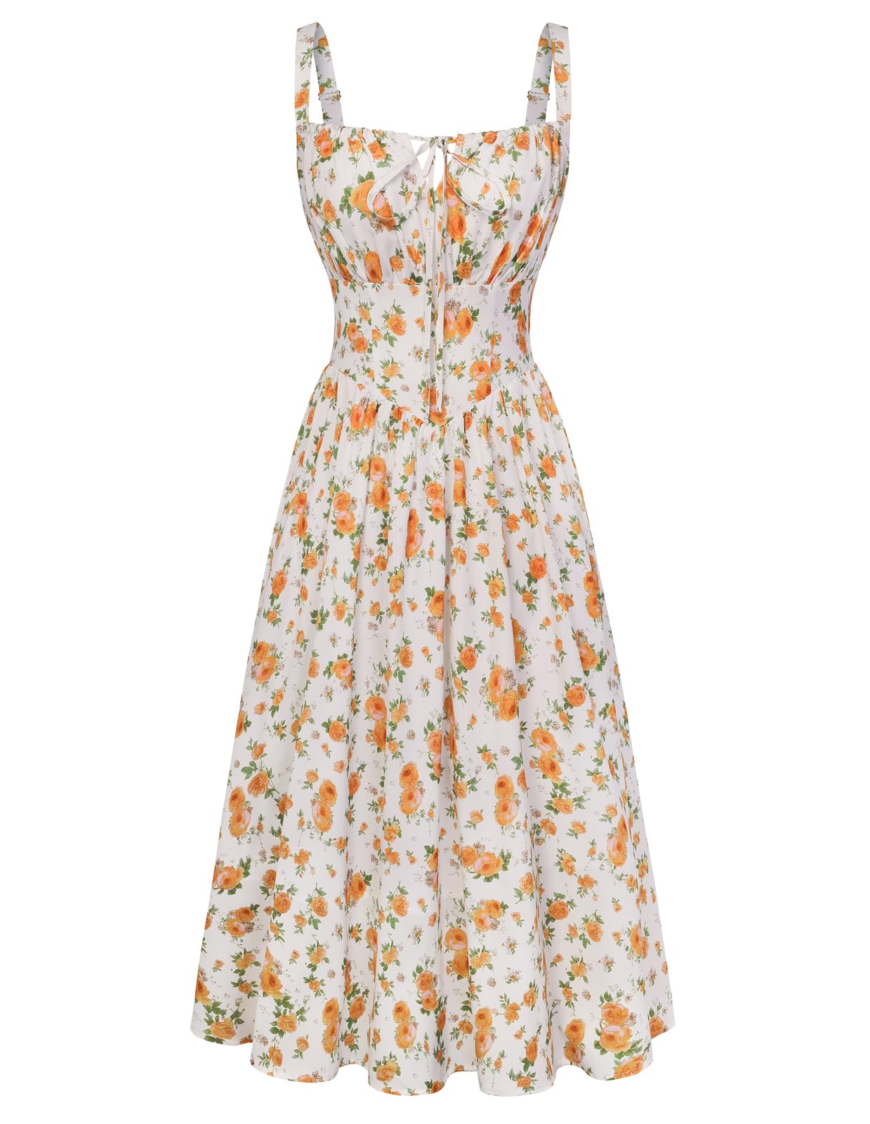 SCARLET DARKNESS Sommerkleid Damen Spaghetti Lange Boho Kleid Vintage Milkmaid Country Kleid Weiß-Orangen Blüten M