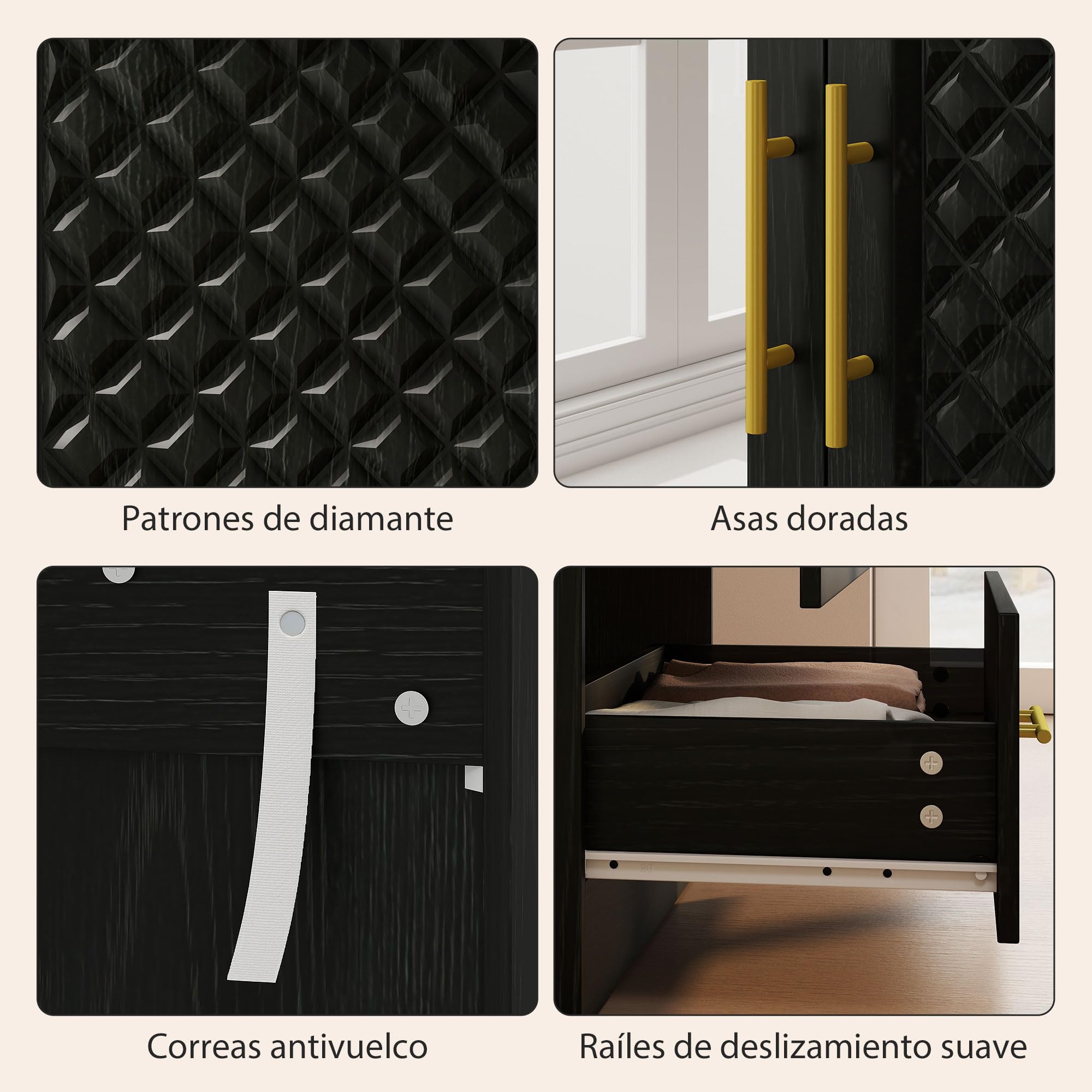 HOMCOM Armario Dormitorio 2 Puertas y 2 Cajones Espejo 80x50x180 cm Negro