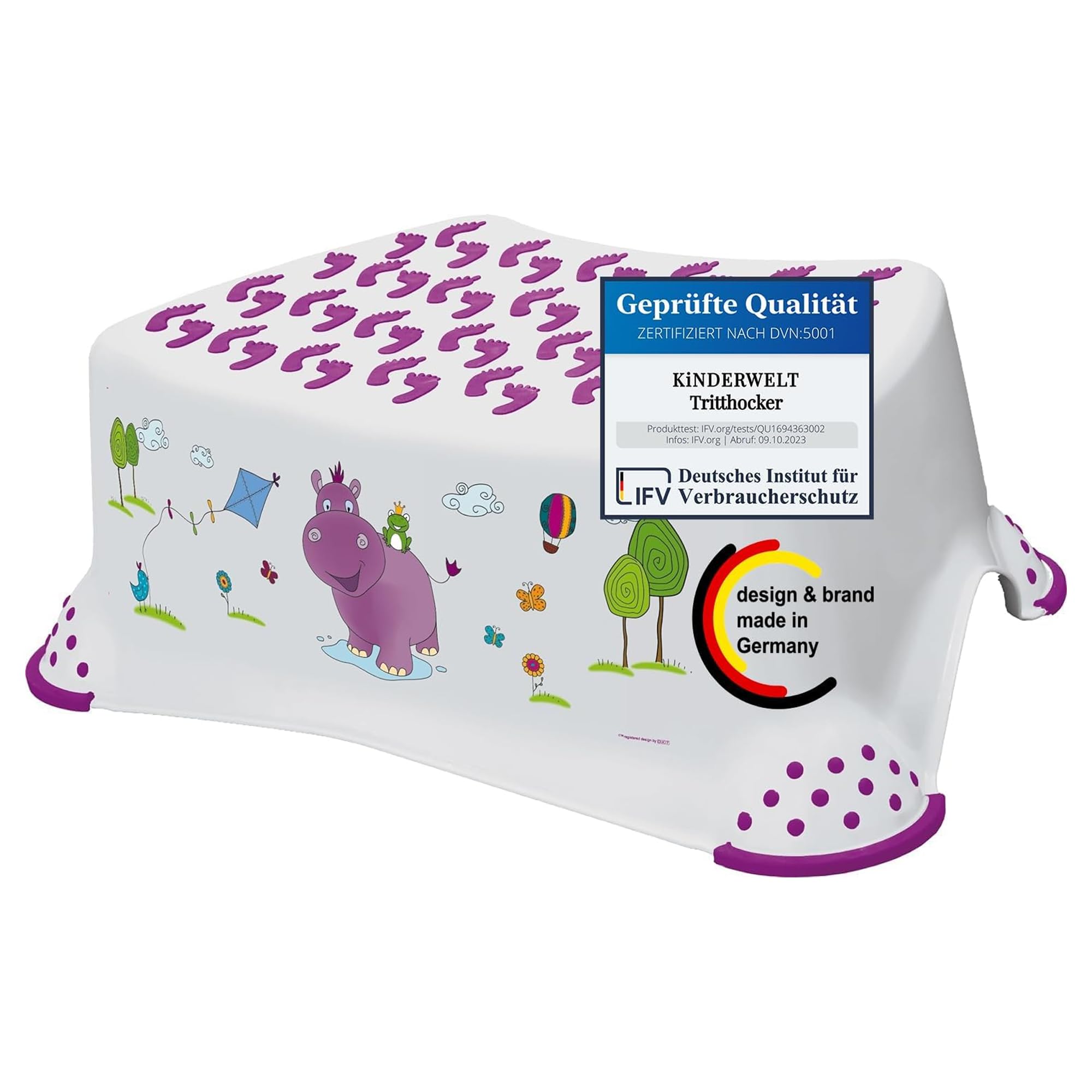 KiNDERWELT Premium Tritthocker für Kinder und Babys, Hippo Design in Weiß, Tritthocker Stufe für Kleinkinder ab 18 Monaten, abwischbar, rutschfest und BPA-frei