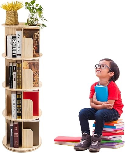 Estantería giratoria de 4 niveles, estantería giratoria de 360 pantallas, estantería giratoria para niños y adultos, estantería de esquina de madera