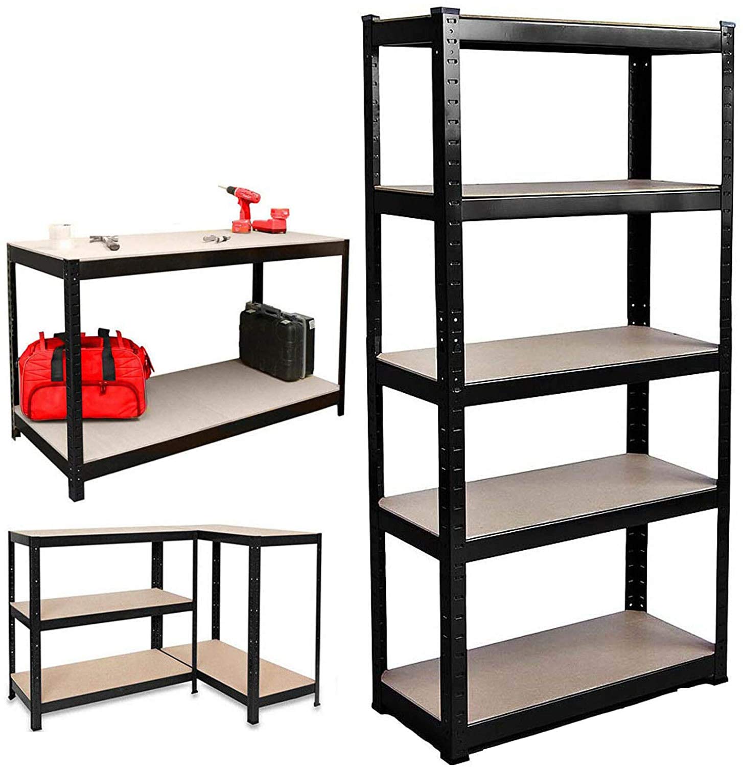 Autofather Black Heavy Duty Steel Shelving Unit - 5-Tier Garage Racking Unit Per Shelf (1500Mm X 700Mm X 300Mm), Metal Garage Shed Storage Shelving 175Kg