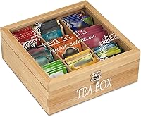 Vista 7 de handrong Caja de té, almacenamiento de bolsas de té, organizador de bolsas de té de bambú, baúl moderno con 9 compartimentos y cubierta transparente