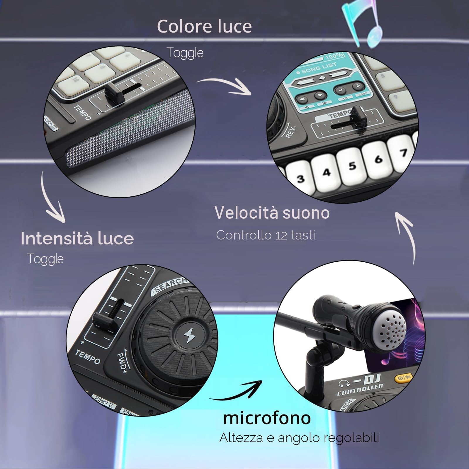 Il mixer da DJ e il lettore di dischi per bambini possono essere collegati al microfono Bluetooth