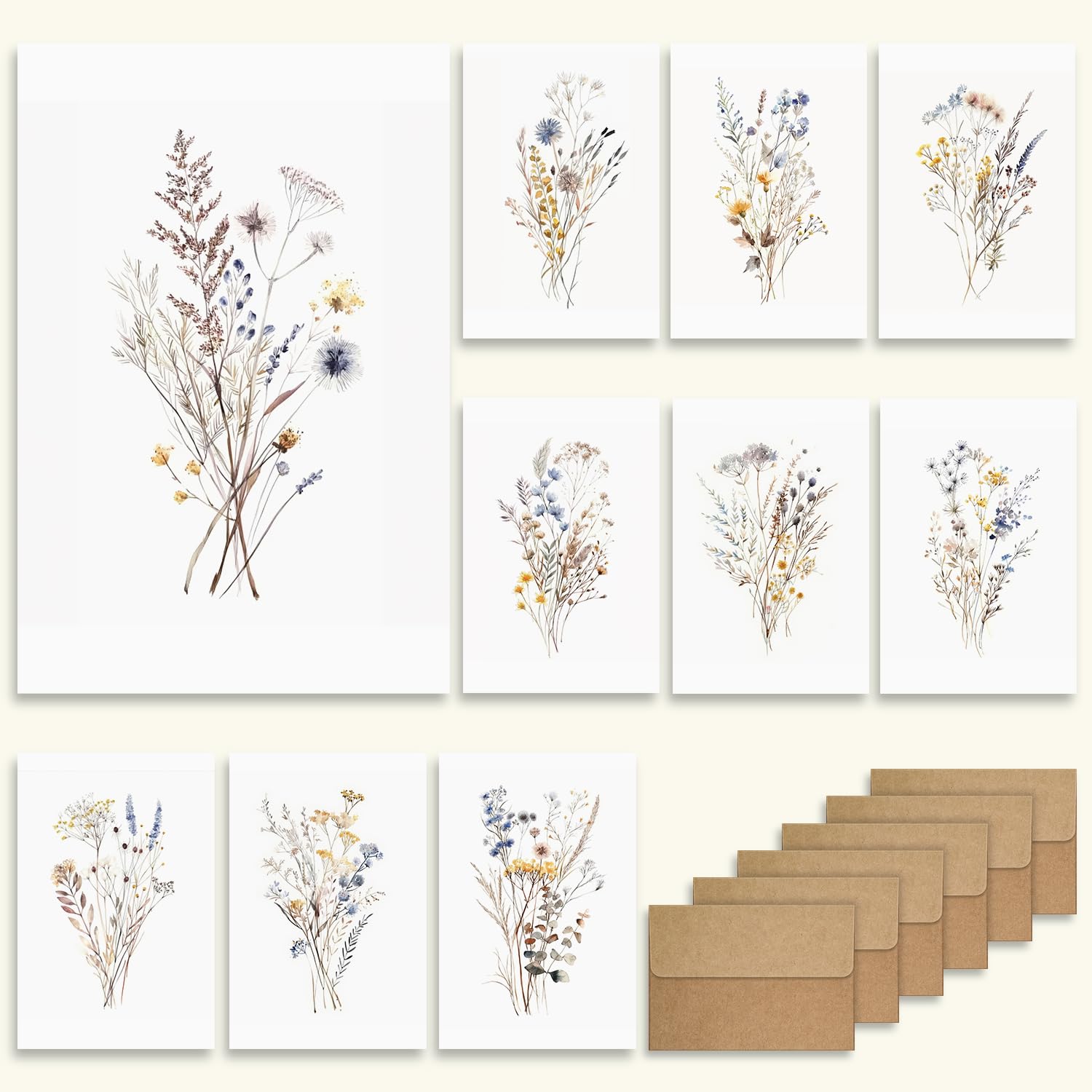 WEIZHEN Paquete de 20 tarjetas de felicitación en blanco de flores silvestres de acuarela con sobres, tarjetas en blanco de 4 x 6 pulgadas para mensajes personalizados, ideal para cumpleaños