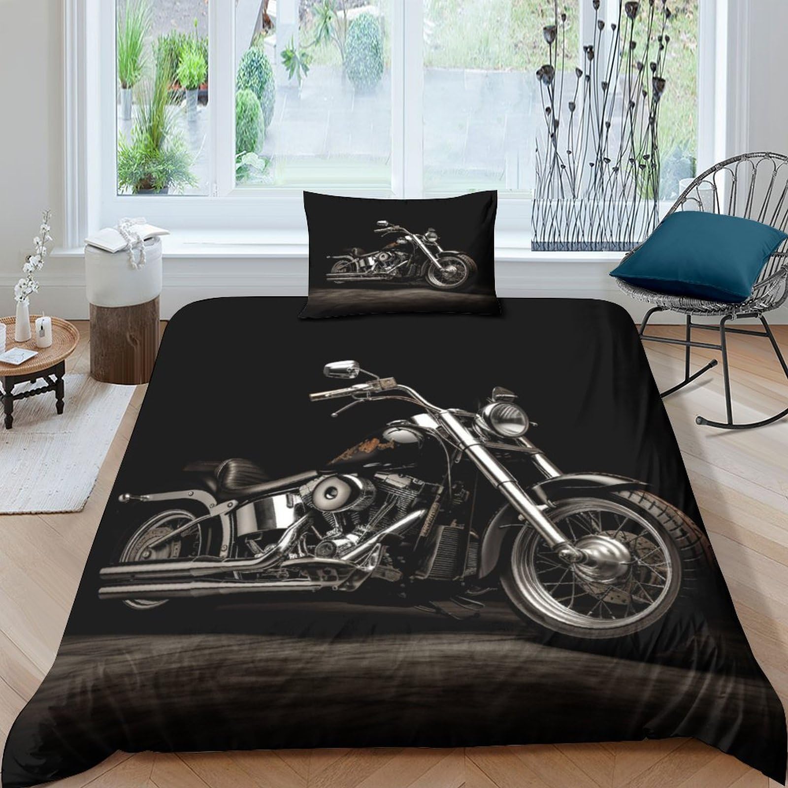ESSAHI Harley Rider 3D Print Duvet Cover Set Vintage Motorbikes Quilt Cover with Pillowcases with Hidden Zipper Closure Microfiber for Kids Teens Adults Bedding Decro 3PCs Single（135x200cm）