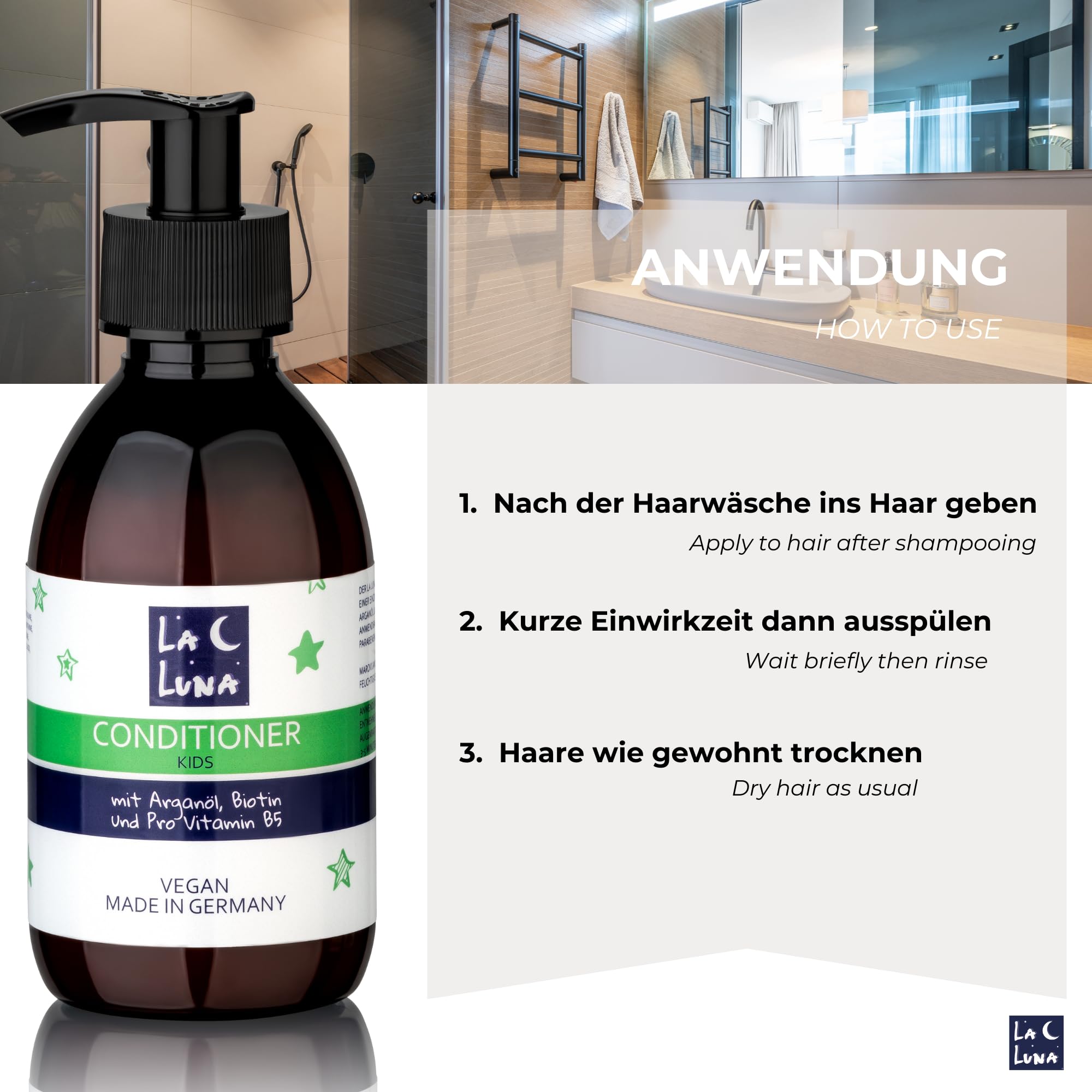 LA LUNA® Lekki spray do włosów dla dzieci, kompatybilny z aloesem, cenne ceramidy, intensywna pielęgnacja, nie kopią włosów, wegański, pielęgnacja włosów dla dzieci, dla chłopców i dziewczynek, do każdego typu włosów, pielęgnacja włosów