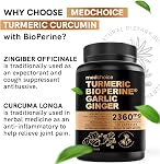 Suppléments de Curcuma et Ail 4-en-1 avec Bioperine 2360 mg Capsules de Racine de Curcuma Gingembre avec Ail pour le Soutien des Articulations, de la Digestion & de l'Immunité (120 ct)