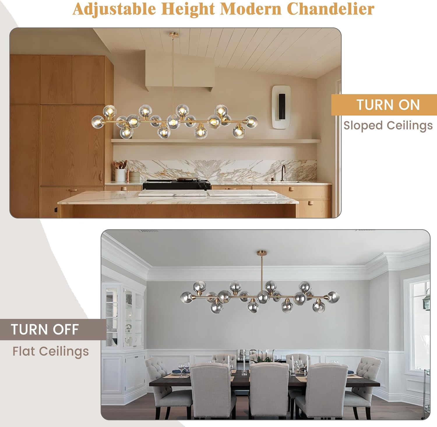 75'' Gold Linear Chandeliers for Dining Room with Smoke Gray Open Glass Shade Gold Linear Sputnik Chandelier 17 Lights Modern Extra Large Chandelier for Kitchen Island, Farmhouse, Living Room, ETL