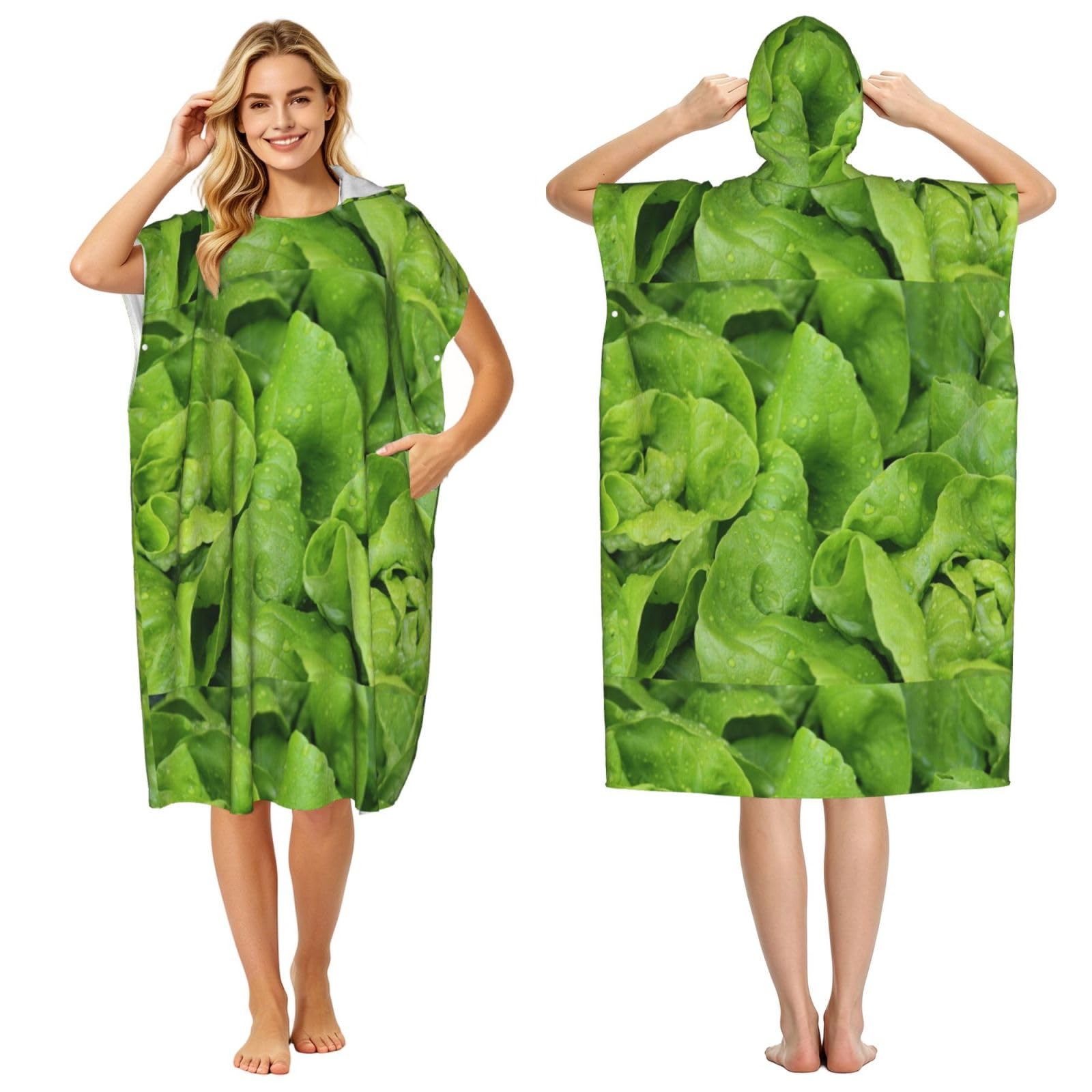 Poadnly Green Lettuce, Adult Hooded Beach Towel 90 x 110 cm,Changing Bath Robe, Surf Poncho Towel For Women Men