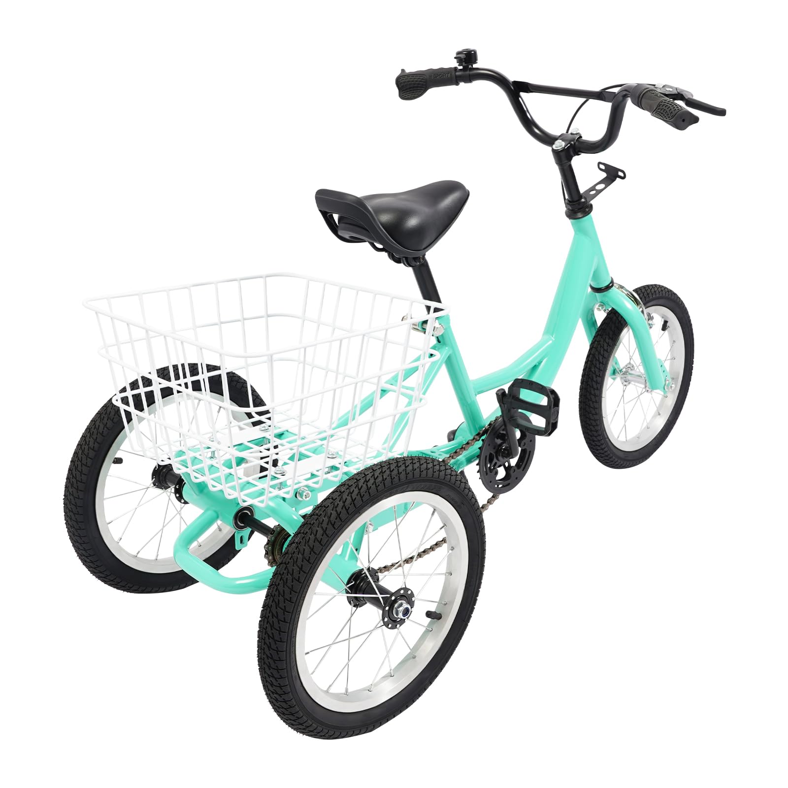 Junior Tricycle Youth 3 Wheel Trike, adjustable handlebar seat, rear basket storage, steel frame triangular, single speed drive, home park street use, light green 14 inch wheels 118x51.5cm