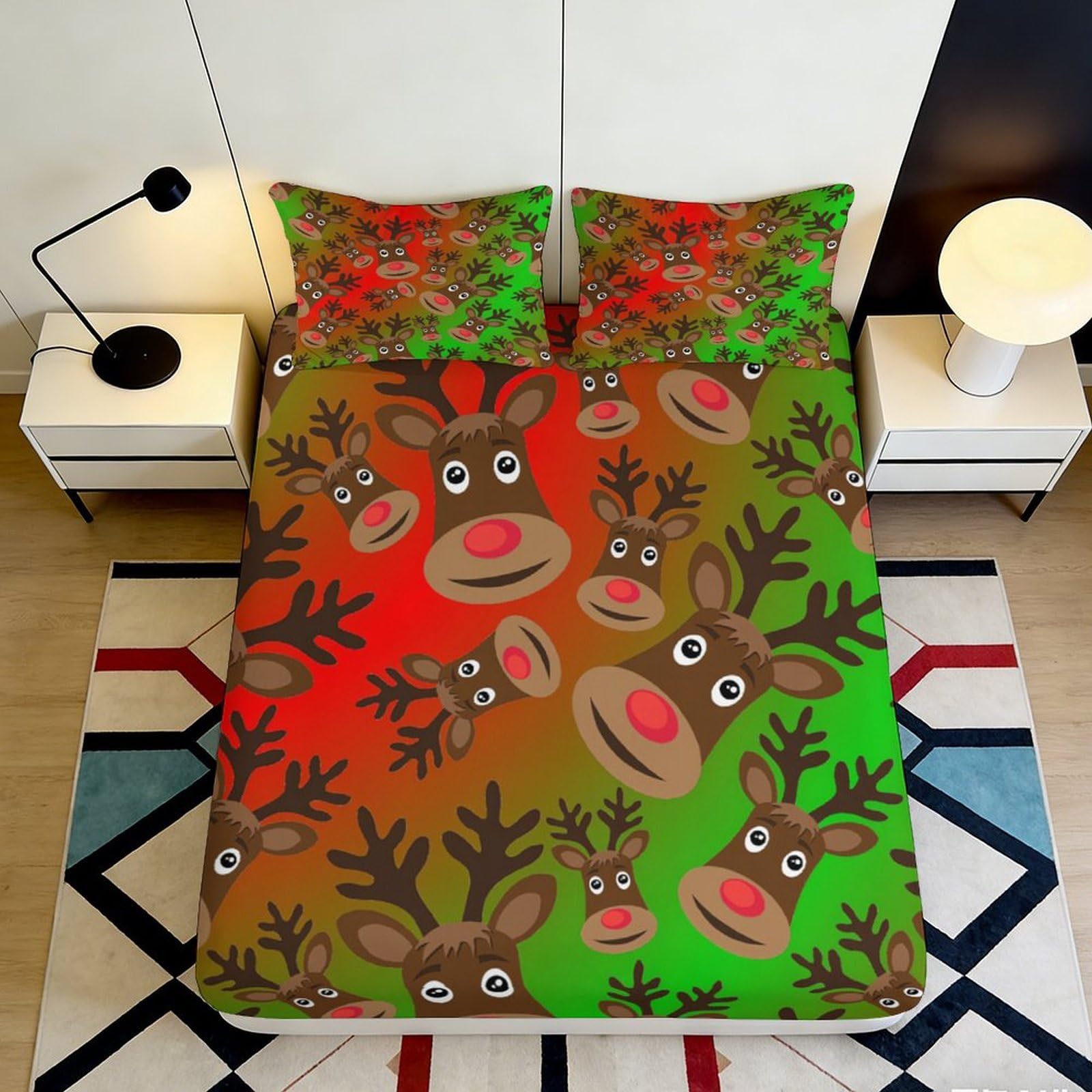3D Printed Reindeer Fitted Sheet Microfiber Deep Pocket Bedroom Bedding Reindeer Mattress Fitted Cover Elastic Hem Washable 200x200x25cm
