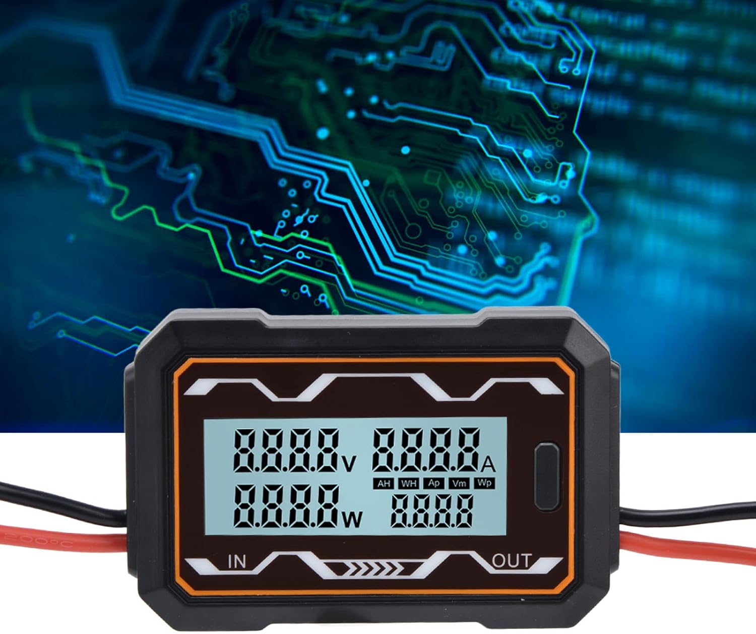 Close-up of the ciciglow DC Power Meter display showing voltage, current, power, and statistical areas