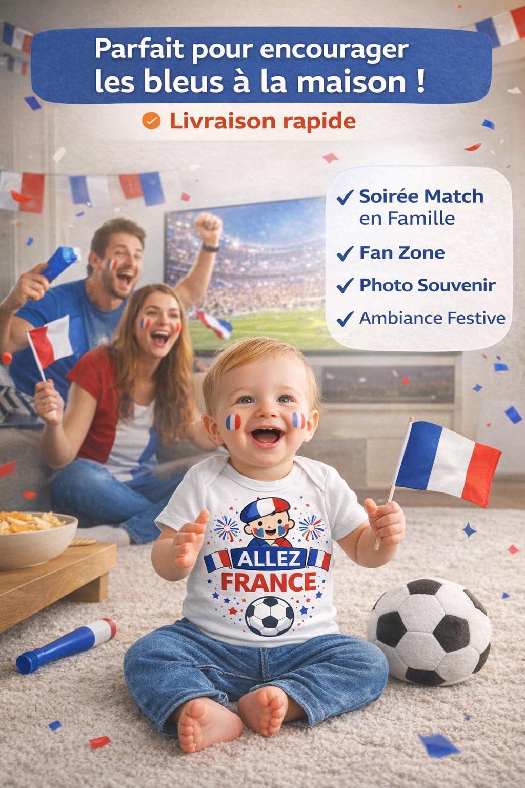 Générique Body Bébé Supporter France 2026 – Petit Supporter Bleu Blanc Rouge – 100% Coton – Coupe du Monde 2026 – Body Naissance Garçon Fille – Idée Cadeau Bébé Football