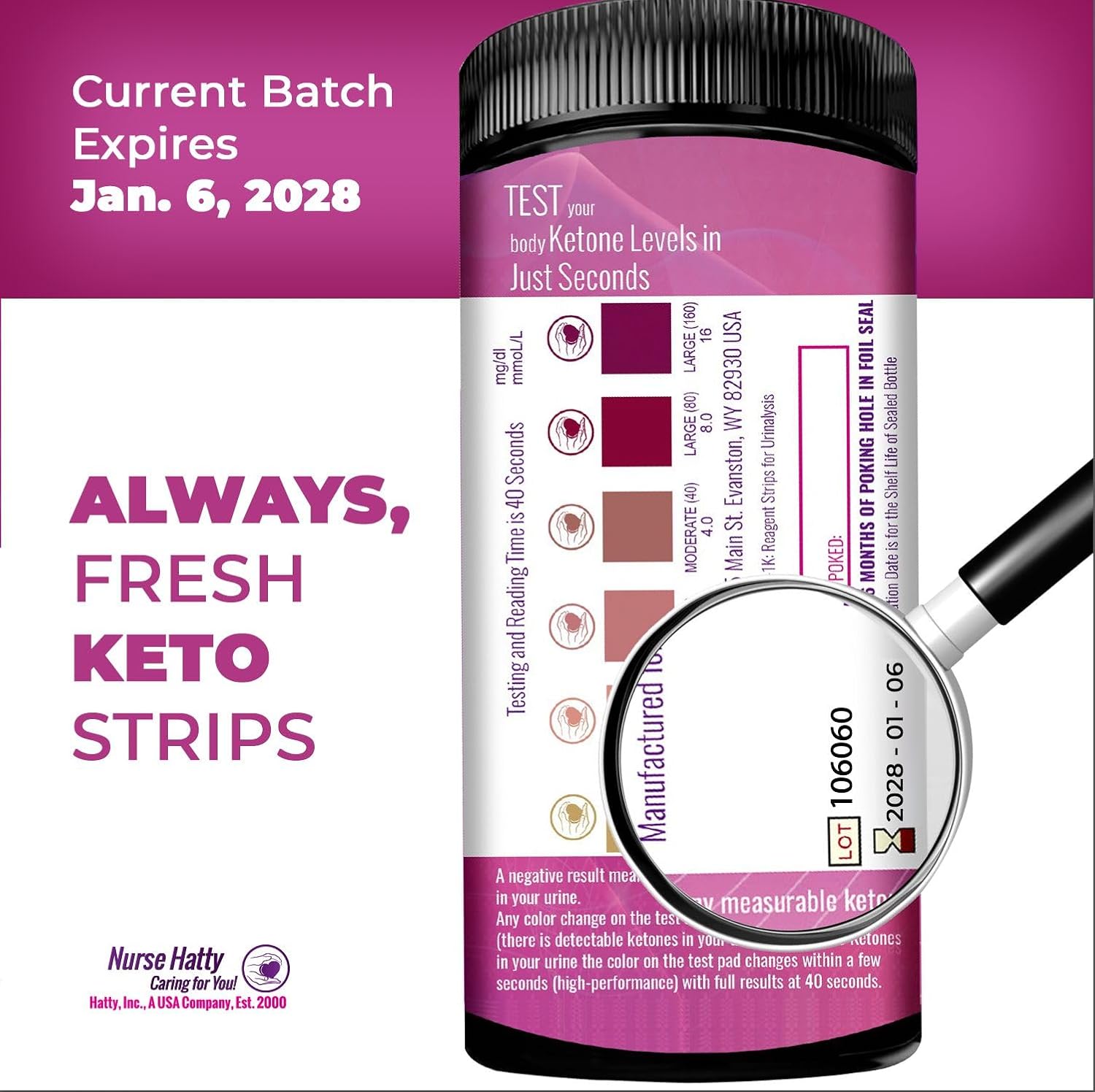 Nurse Hatty - 150ct. Bandelettes de test de cétone - Performance-tested Urine Keto Test Strips w Built-in Color Chart – Free Keto eBook & App - Ketone, Ketosis & Ketogenic Testing - Extra Long Strips - Image 2