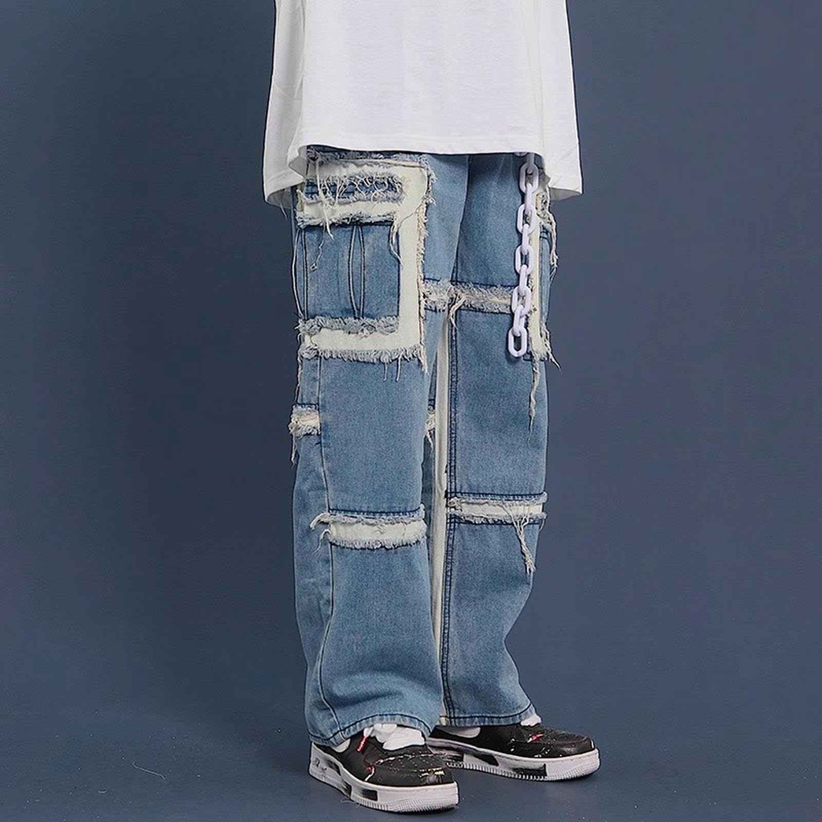 Jeans da Uomo a Gamba Larga, Larghi, con Cuciture strappate - Blu - S