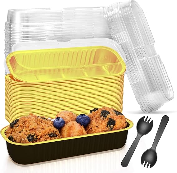 50 Pack Mini Cake Pans with Lids and Spoons Rectangular Aluminum Foil Loaf Baking Pans Tin Containers Cupcake Containers Wrappers Cheesecake Crème Brulee Ramekins - 7.2 oz, Black, 50 Pack