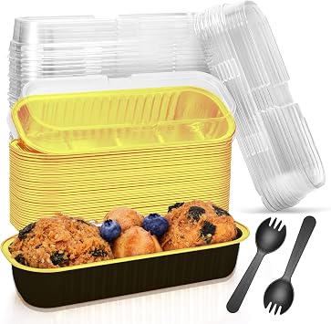 50 Pack Mini Cake Pans with Lids and Spoons Rectangular Aluminum Foil Loaf Baking Pans Tin Containers Cupcake Containers Wrappers Cheesecake Crème Brulee Ramekins - 7.2 oz, Black, 50 Pack
