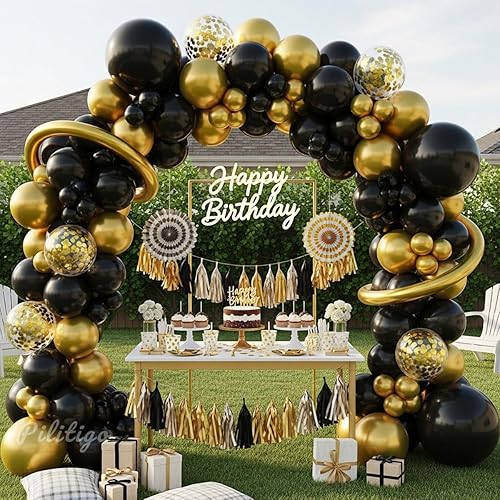 Miniatura 2 de Kit de arco de globos negros y dorados, globos negros mate y dorados metálicos de 51218 pulgadas con globos de confeti dorado y globos largos