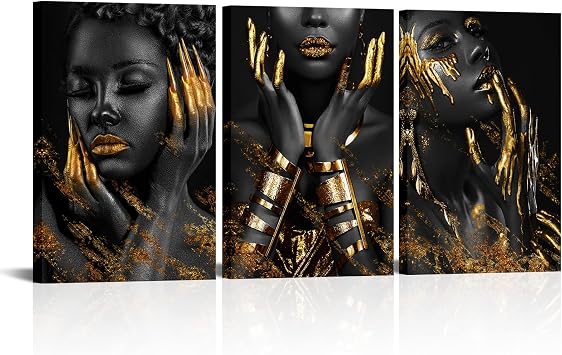 Conipit Black Gold African Wall Art Black Queen Canvas African American Woman Pictures Black Girl Fashion Painting for Walls Framed Ready to HangGold, Large