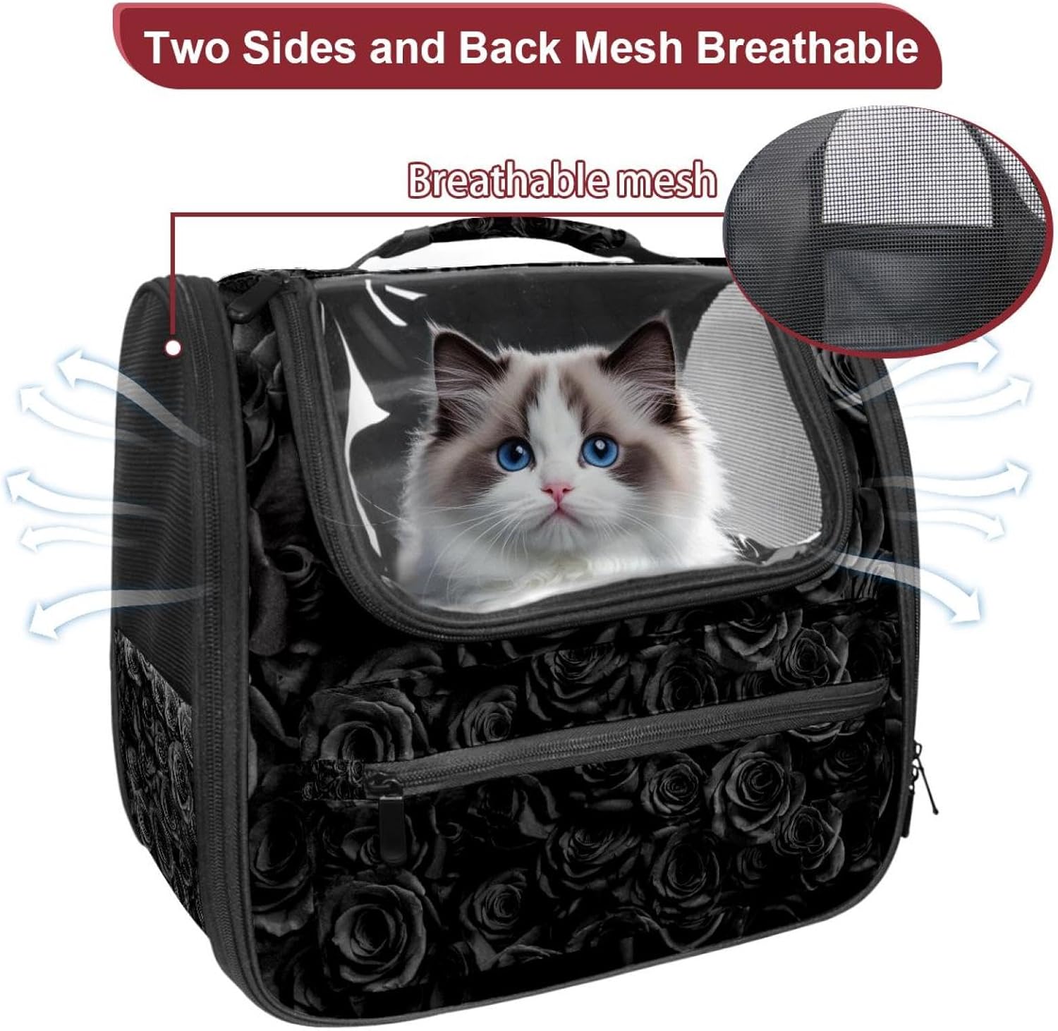 Black Roses Cat Backpack Carrier, Breathable Cat Carrier Large Space Bubble Pet Backpack for Kitty Small Dog