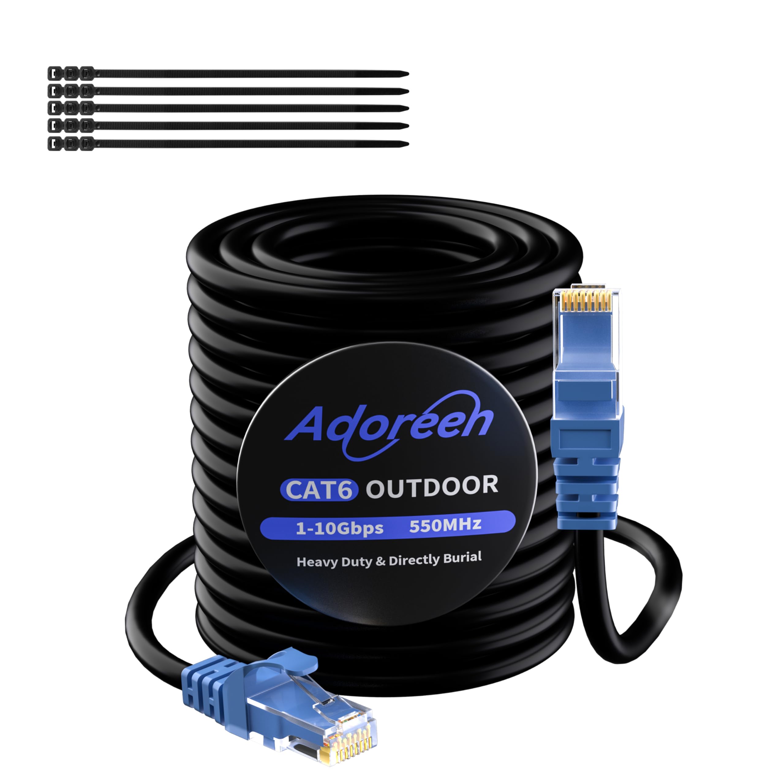 Adoreen Cat6 Outdoor Ethernet Cable 200feet,Waterproof and Direct Burial,Heavy Duty,RJ45 LAN Wire Ether Cable UTP,High Speed Network, UV Resistant PE Jacket with 15 pcs Cable Ties Included.