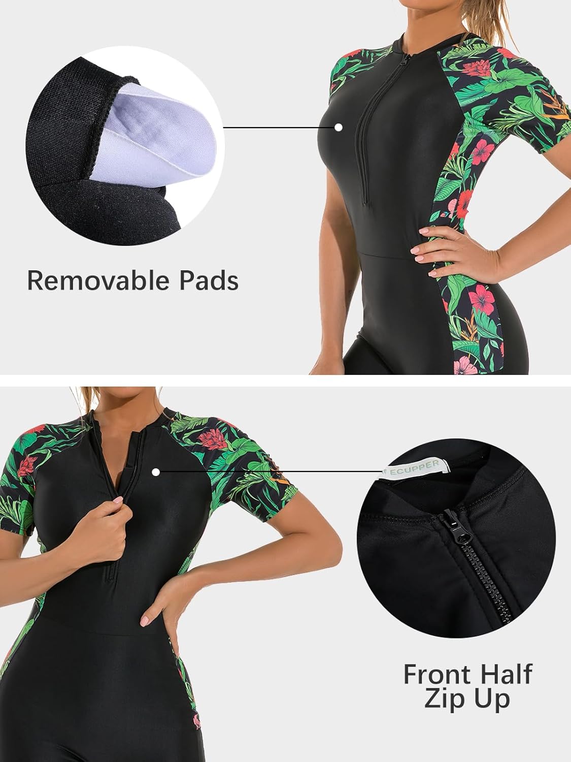 ECUPPER Women One Piece Short Sleeve Swimsuit Boyleg Rash Guard Covered Surfing Suit Zipper Bathing Suit with Built in Bra - Image 5