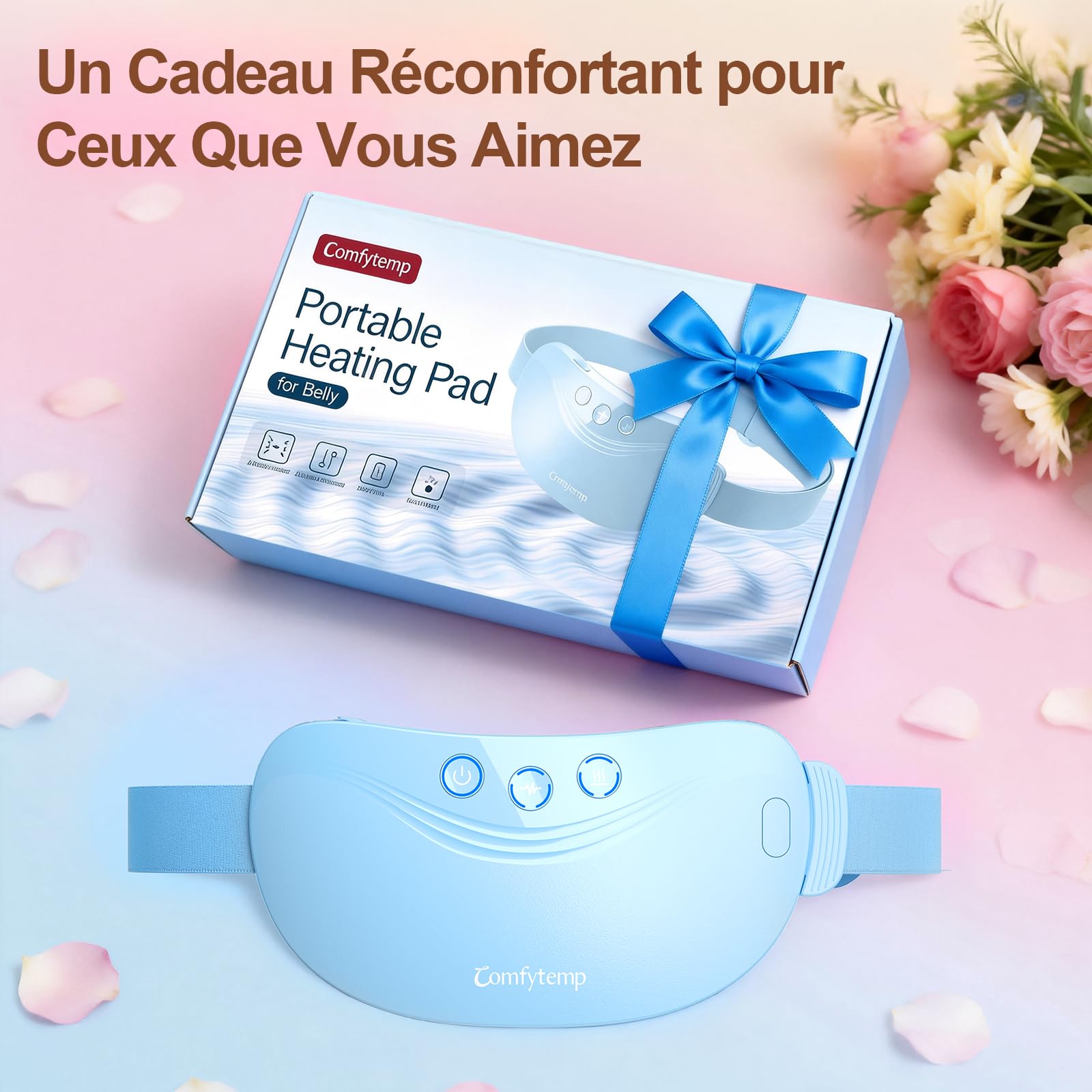 Comfytemp Ceinture Menstruelle Chauffante, 150cm Coussin Chauffant Double Moteur à Vibration, avec 3 Modes de Massage et 3 Niveaux de Température, Ceinture Chauffage sans Fil, Cadeau pour les Femmes