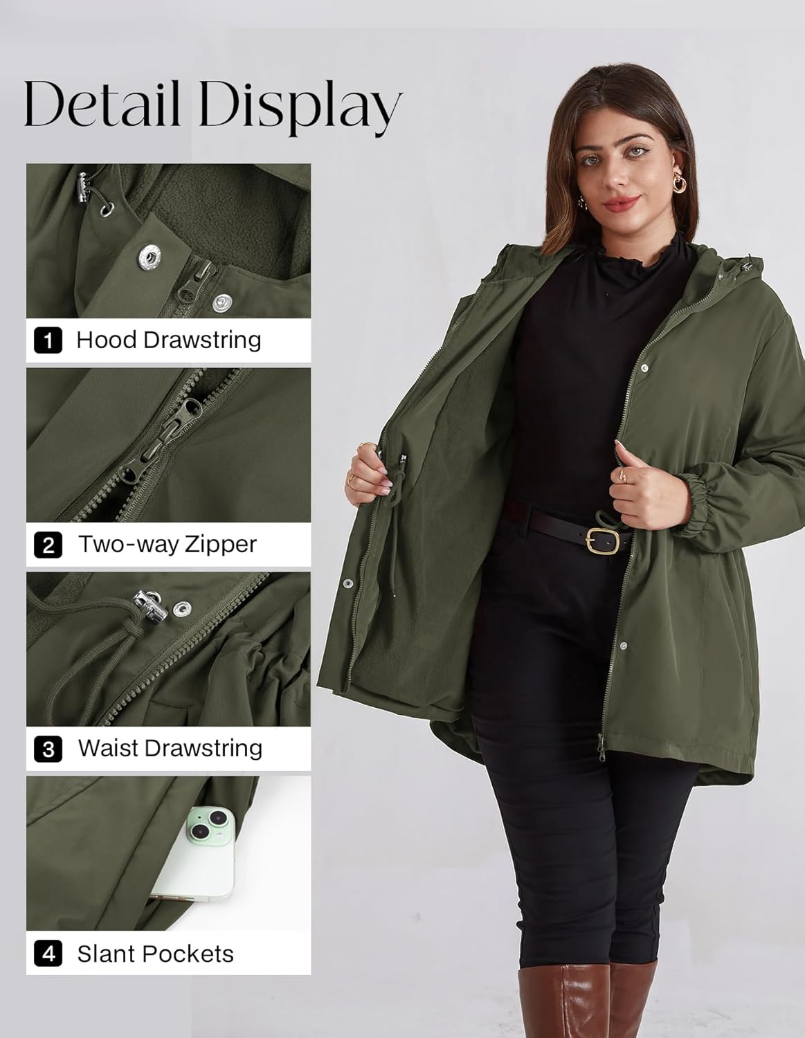 Hanna Nikole Women's Long Rain Jacket Plus Size Fleece Lined Waterproof Hooded Rain Coat Lightweight Pockets Windbreaker Trip - Image 5