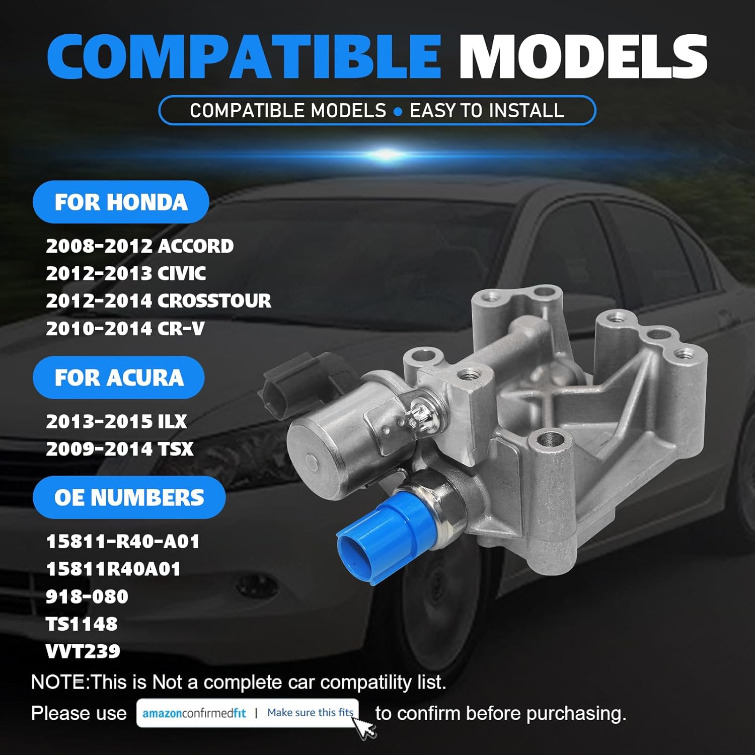 15811-R40-A01 VTEC Solenoid for Honda Accord 2008-2012 Civic 2012-2013 Crosstour 2012-2014 CR-V 2010-2014 Variable Valve Timing VVT Solenoid for Acura ILX 2013-2015 TSX 2009-2014