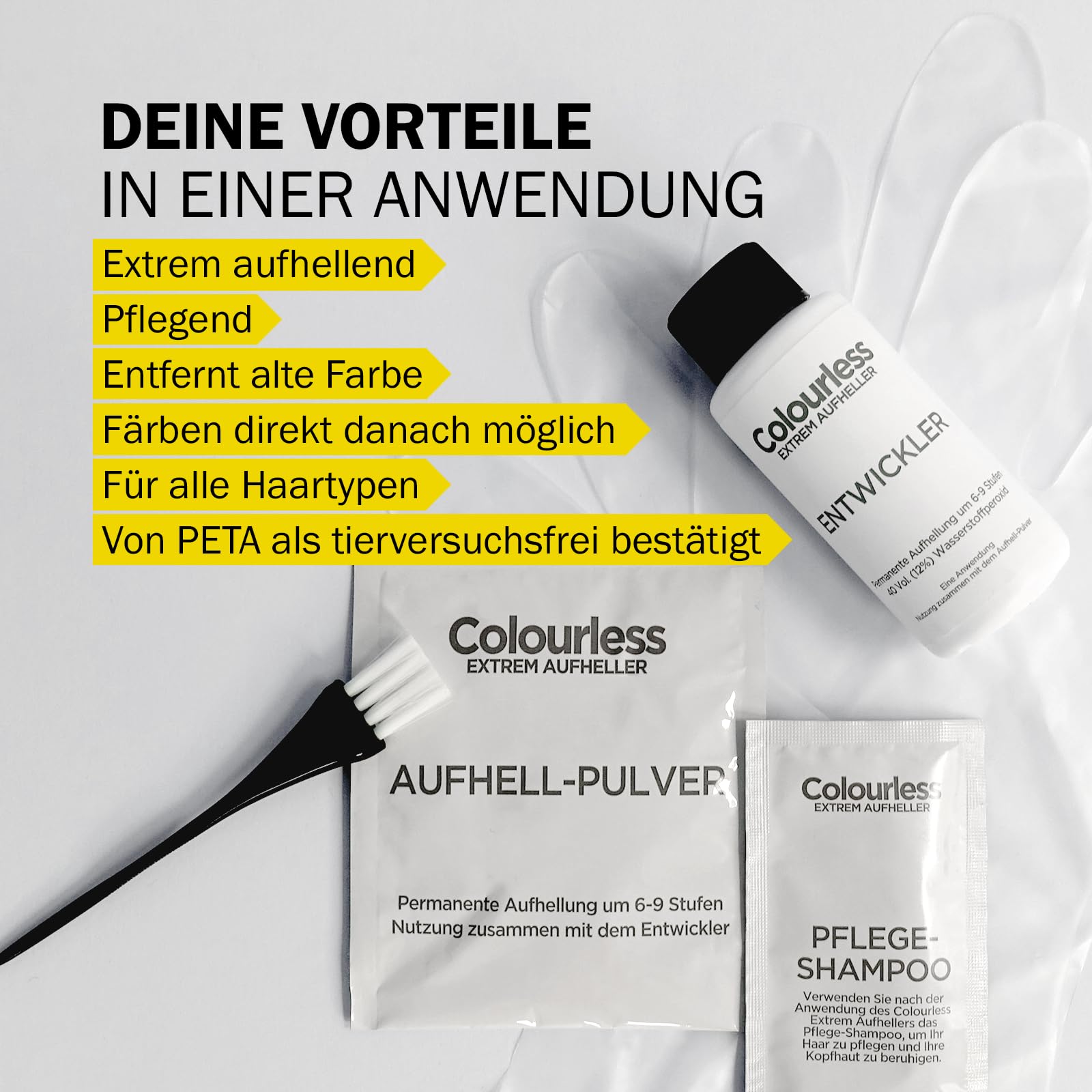 Colourless Aufheller Go Blonde, ermöglicht es Ihnen, in einer einzigen Behandlung von dunklem zu blondem Haar zu wechseln, Anschließend können Sie Ihre Haare direkt wieder nach Belieben färben