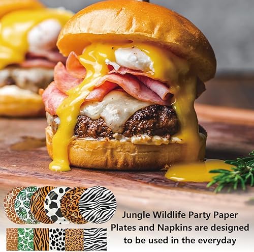 Miniatura 5 de MXOYOXM 120 platos y servilletas de safari para fiestas, decoraciones desechables para fiestas de selva, platos de papel con estampado de animales