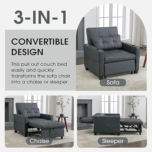 Miniatura 5 de NIOIIKIT Cama extraíble convertible 3 en 1, sofá cama individual tapizado de cuero con puertos USB, portavasos y bolsillos laterales, diván para
