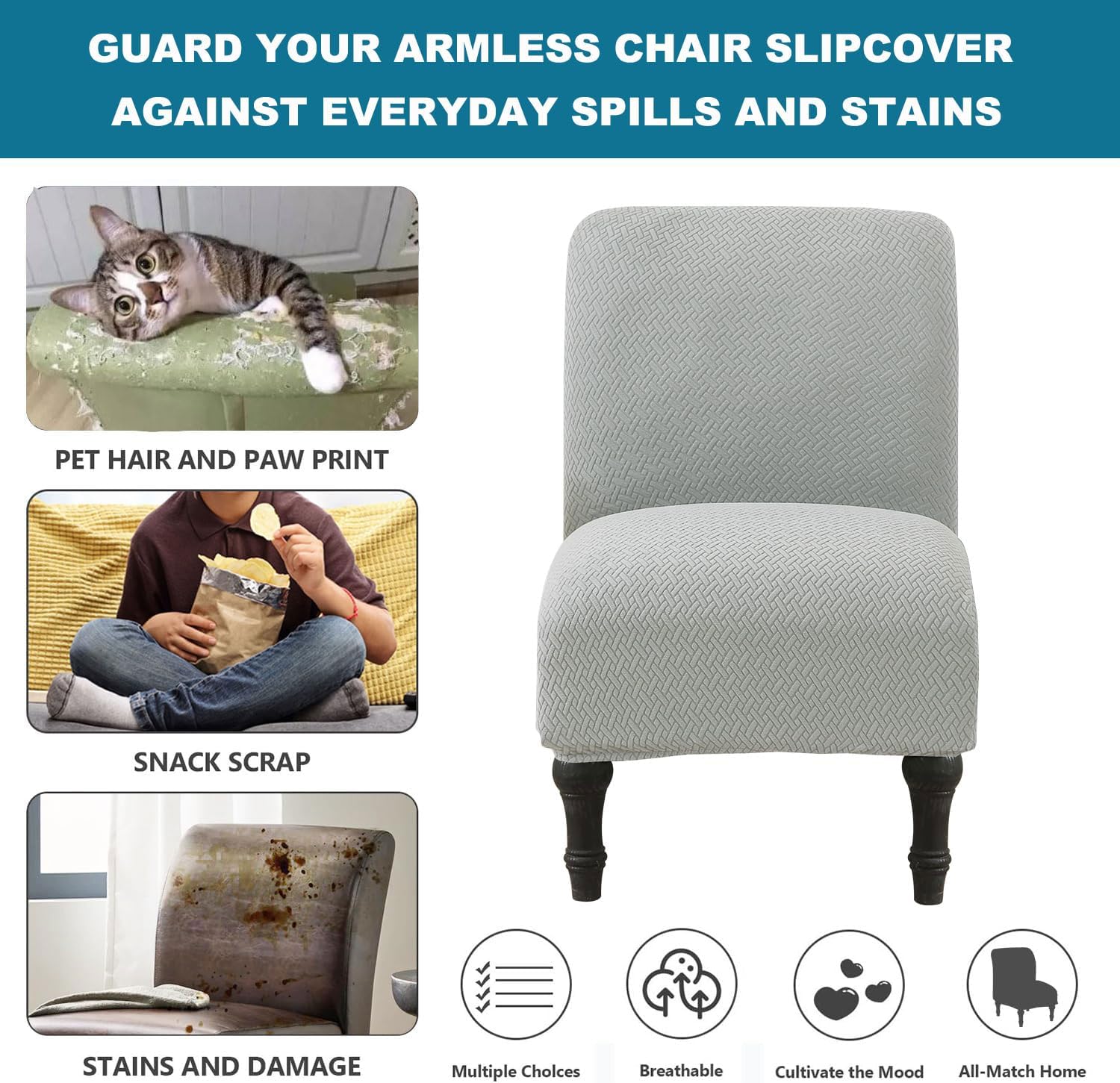 Armless Accent Chair Cover, Spandex Stretch Armless Chair Slipcover - Furniture Protector Cover for Living Room and Bedroom - Slipper Chair Slipcover (Knitted, LightGray)
