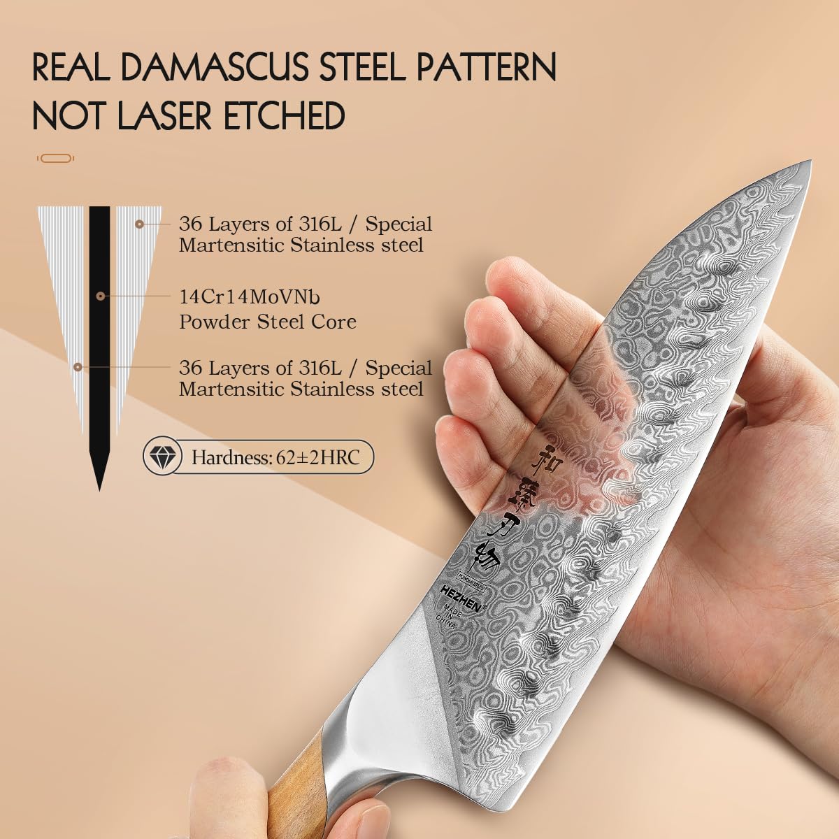 HEZHEN Couteau de Santoku Damas, Style Japonais en Acier Damas 73 Couches, Cuchillo de Damasco Manche Ergonomique en Bois D'olivier