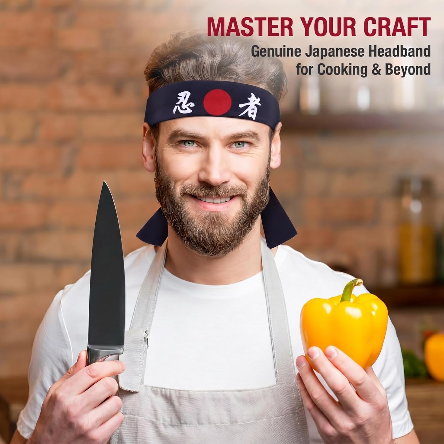 PartyKindom 2-Pcs Reusable Japanese Headband Karate Sushi Chef Hair Accessory 38.91 Inches Cotton Sweatband For Men Women Sports Workout Cooking Baking Restaurant Costume Cosplay Attire image 2