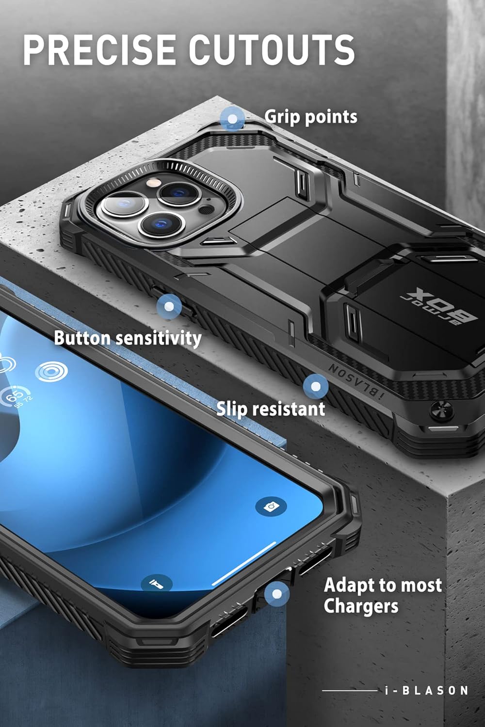 i-Blason Armorbox for iPhone 14 Pro Max Case with Stand [Built-in Screen Protector] [Military-Grade Protection] Full-Body Rugged Protective Bumper Case with Kickstand & Belt Clip Holster (Black) - Image 5