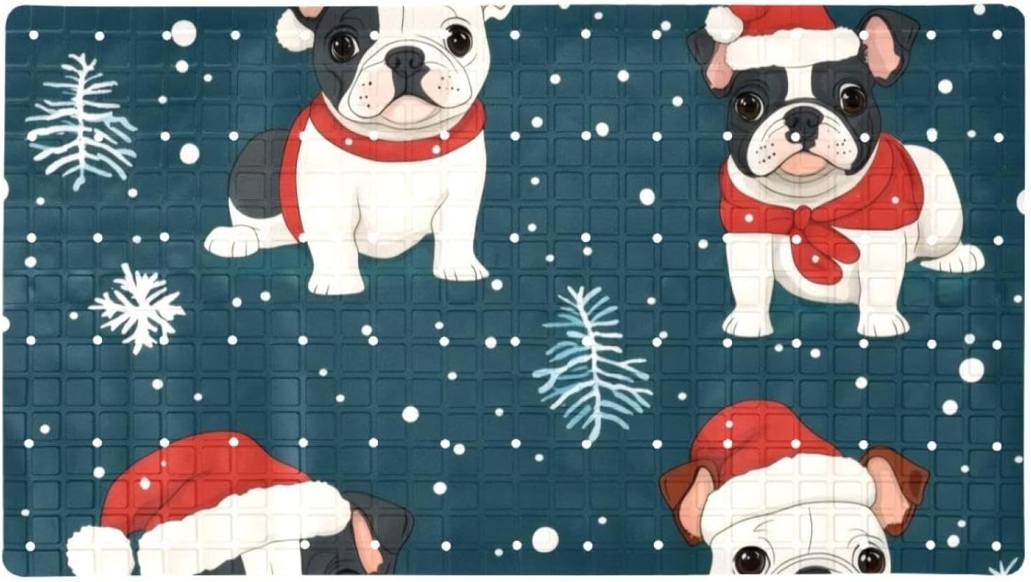 Cute Cartoon Christmas French Bulldogs Bath Tub and Shower Mats, Non Slip Bathmat with Drain Holes and Suction Cups for Bathroom Floor, 15.1 x 26.8 Inch