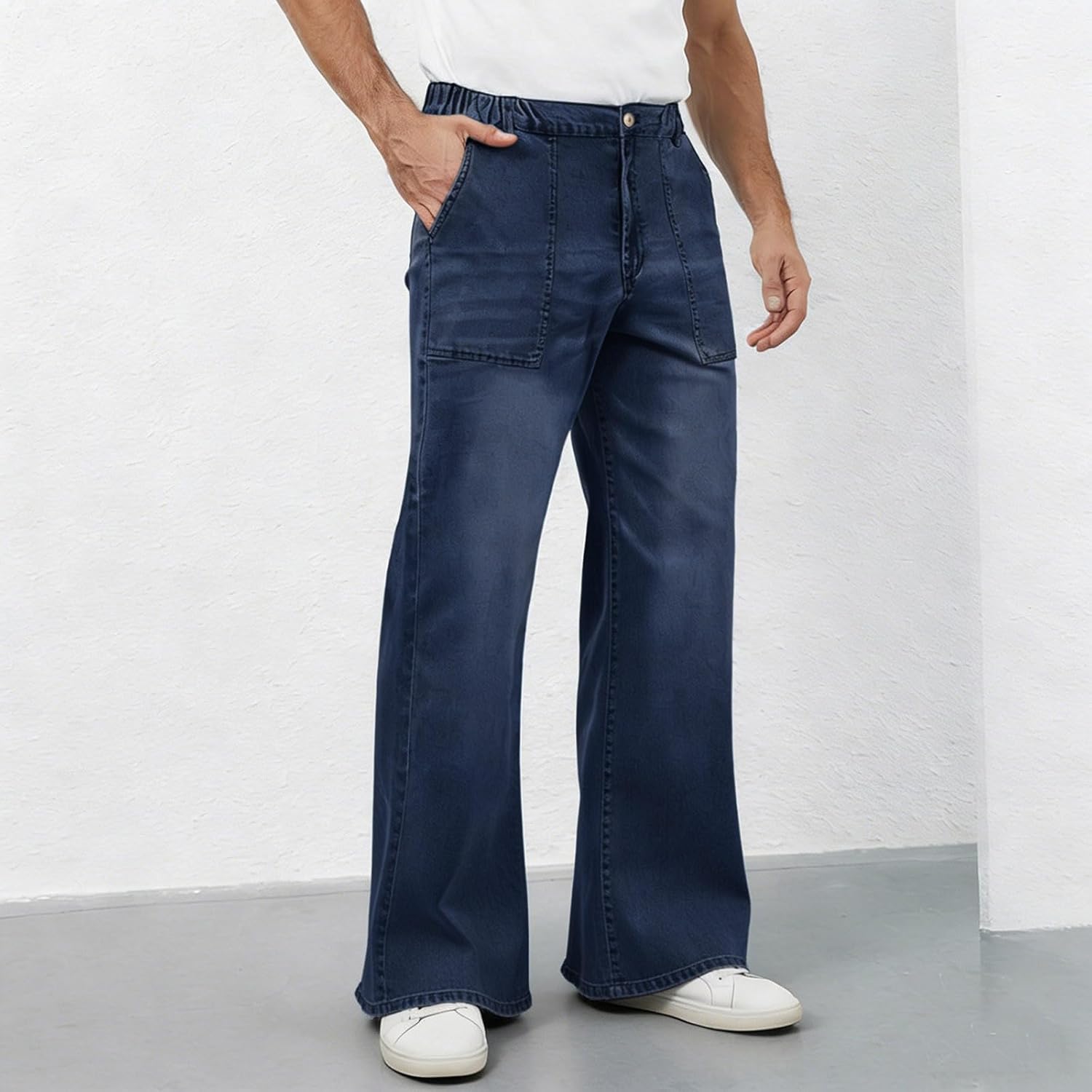 Mens Vintage Bell Bottom Jeans 60s 70s Outfits Elastic Waist Bell Bottoms Disco Denim Pants Flared Jeans with Pockets