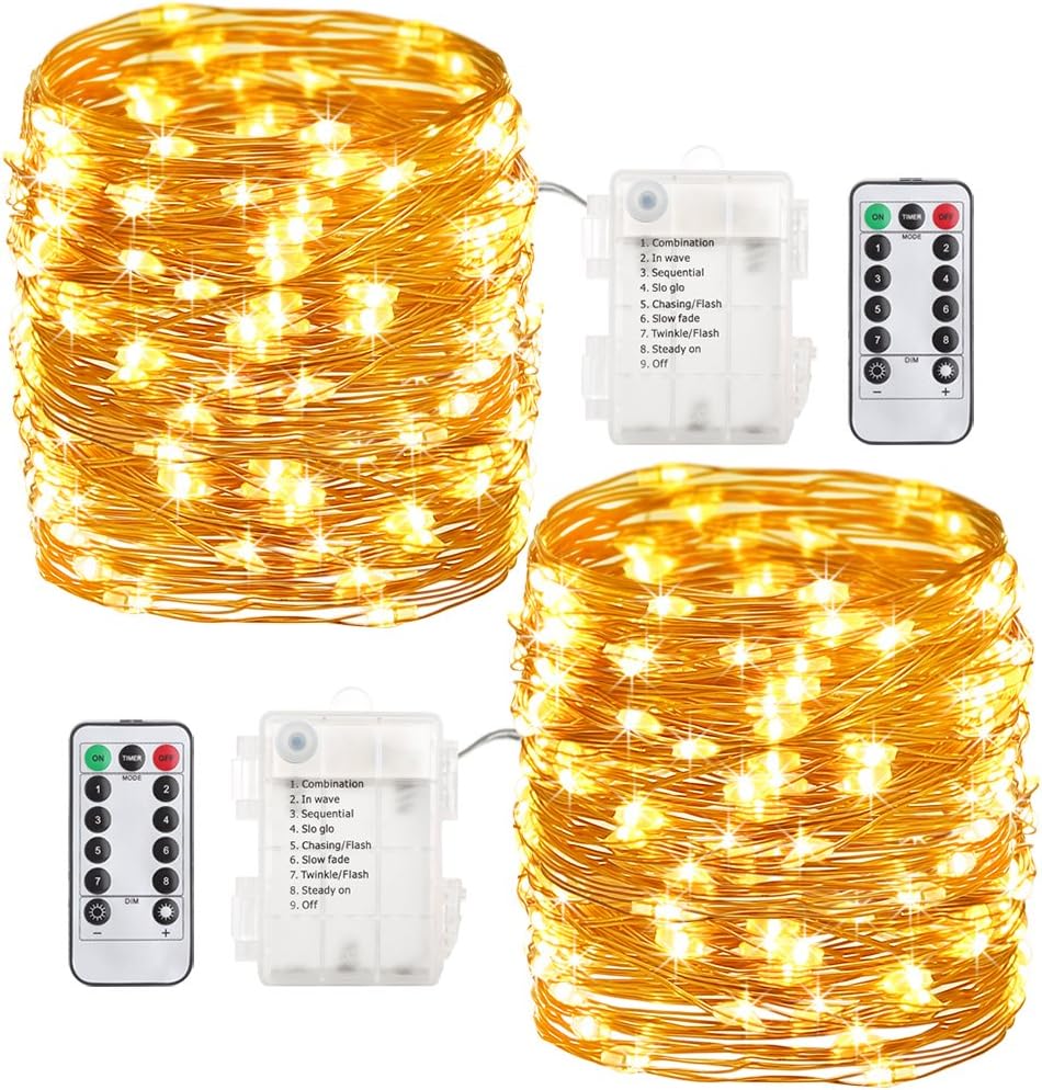 GDEALER 2 Pack 33 Feet 100 Led Fairy Lights Battery Operated with Remote Control Timer Waterproof Copper Wire Twinkle String Lights for Halloween Bedroom Indoor Outdoor Wedding Dorm Decor Yellow