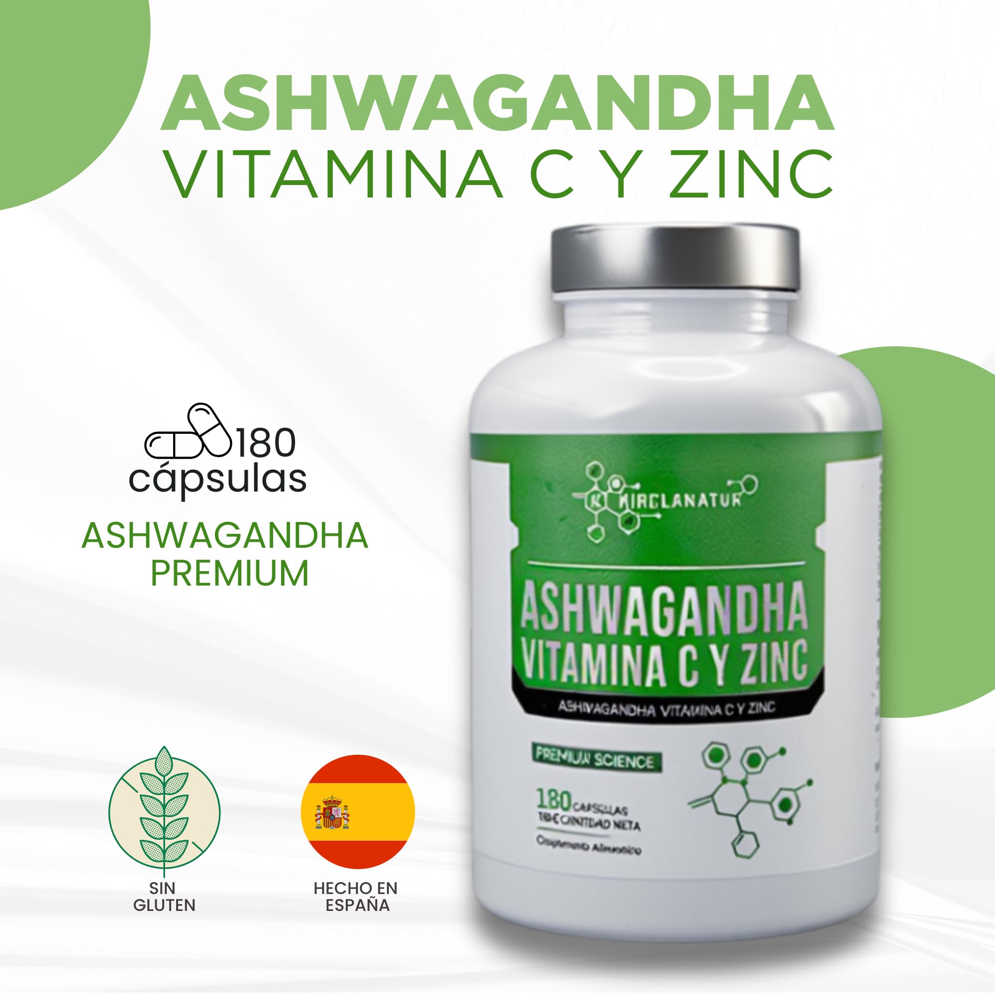 Ashwagandha con Vitamina C y Zinc - Antiestrés Natural, Energía y Equilibrio Emocional - Sueño Reparador y Refuerzo del Sistema Inmunitario - 180 Cápsulas Sin Gluten | KIROLANATUR