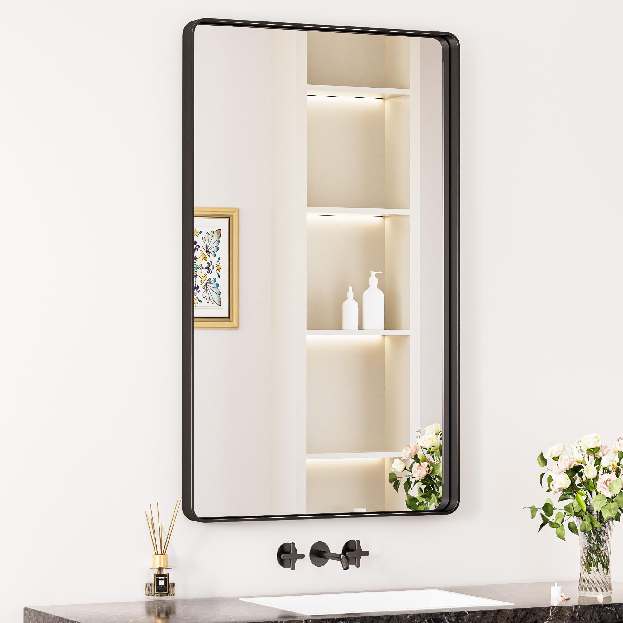 Keonjinn 40 x 24 Inch Black Vanity Mirror, Aluminum Frame Bathroom Mirror