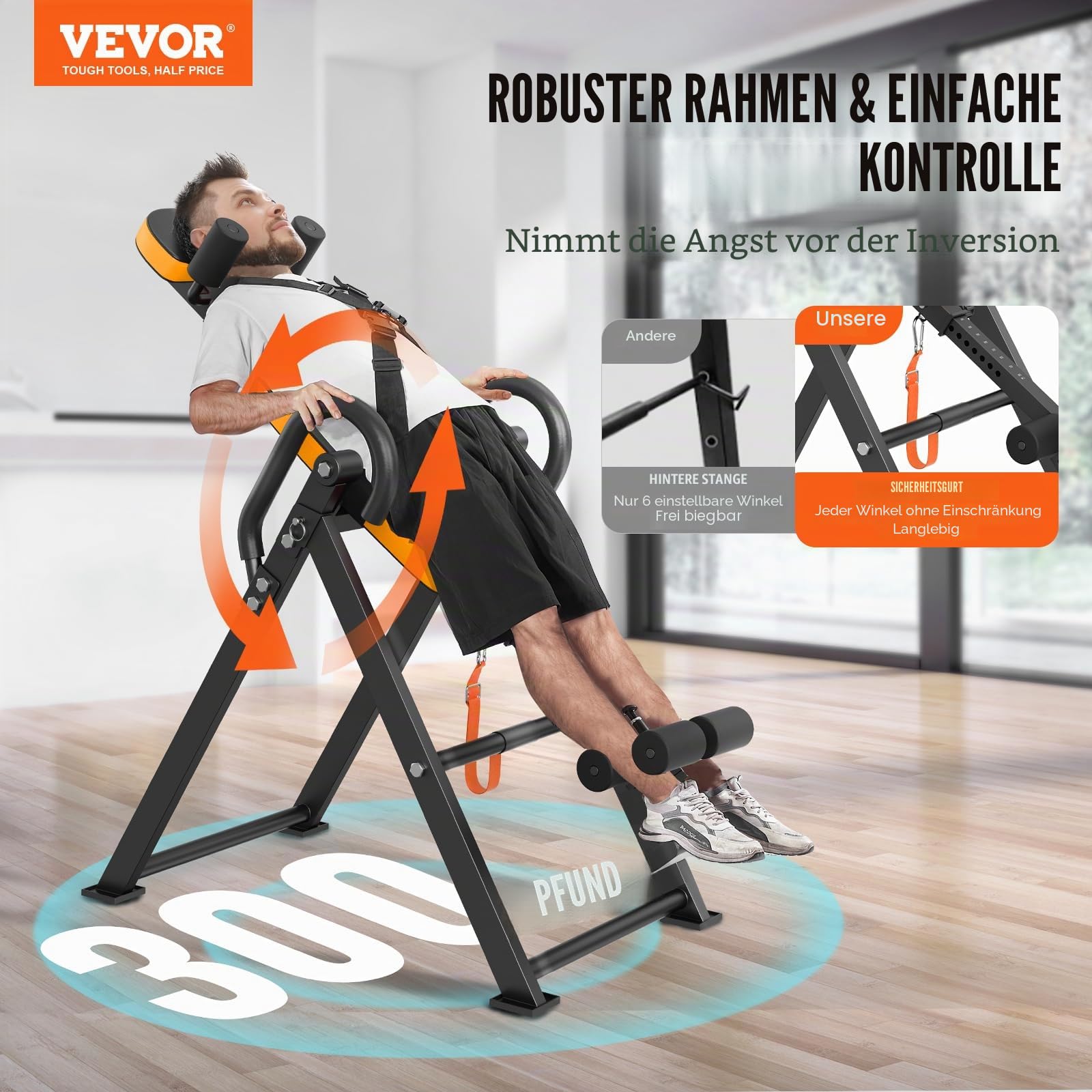 VEVOR Inversionstisch Inversionsbank, 136 kg belastbar, Multifunktionsgerät Rückentrainer, klappbares Krafttrainingsgerät mit Kopfstütze, Knöchelverriegelung, verstellbarem Schutzgurt, Orange/Schwar