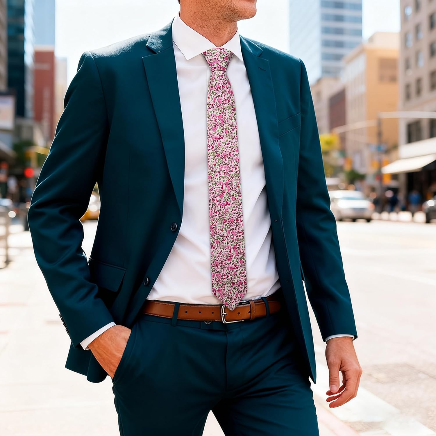 Barry.Wang Men's Cotton Ties Flower 3.15" Necktie Printed Skinny Tie Sets Clip Extra Long Flower Wedding Party - Image 4