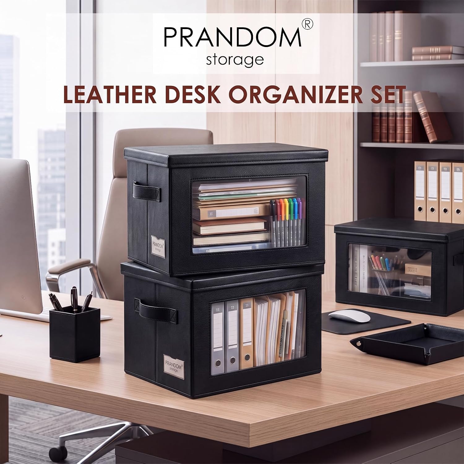Novabright 3 Pcs Foldable Storage Bins with Lid 15 x 10 Inch Leather Storage Cubes with Clear Window Collapsiblecloset Organizer Containes with Handles for Shelves Nursery Closet Bedroom Office(Black)