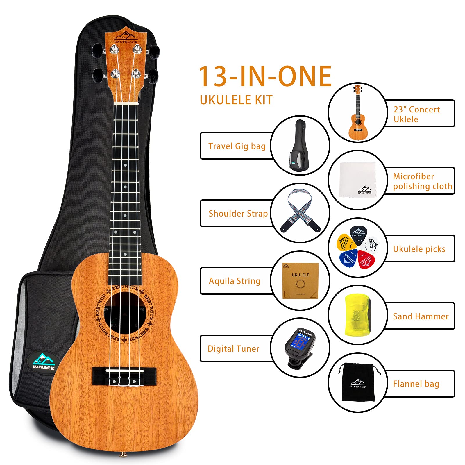 Eastrock Concert Ukulélé pour Débutants Adulte, 23'' Hawaïen Yukulele D’Acajou, Concert Ukulele avec housse, Ukulélé Kit avec Aquila Cordes Accordeur Médiator Sangle（23'' Acajou）