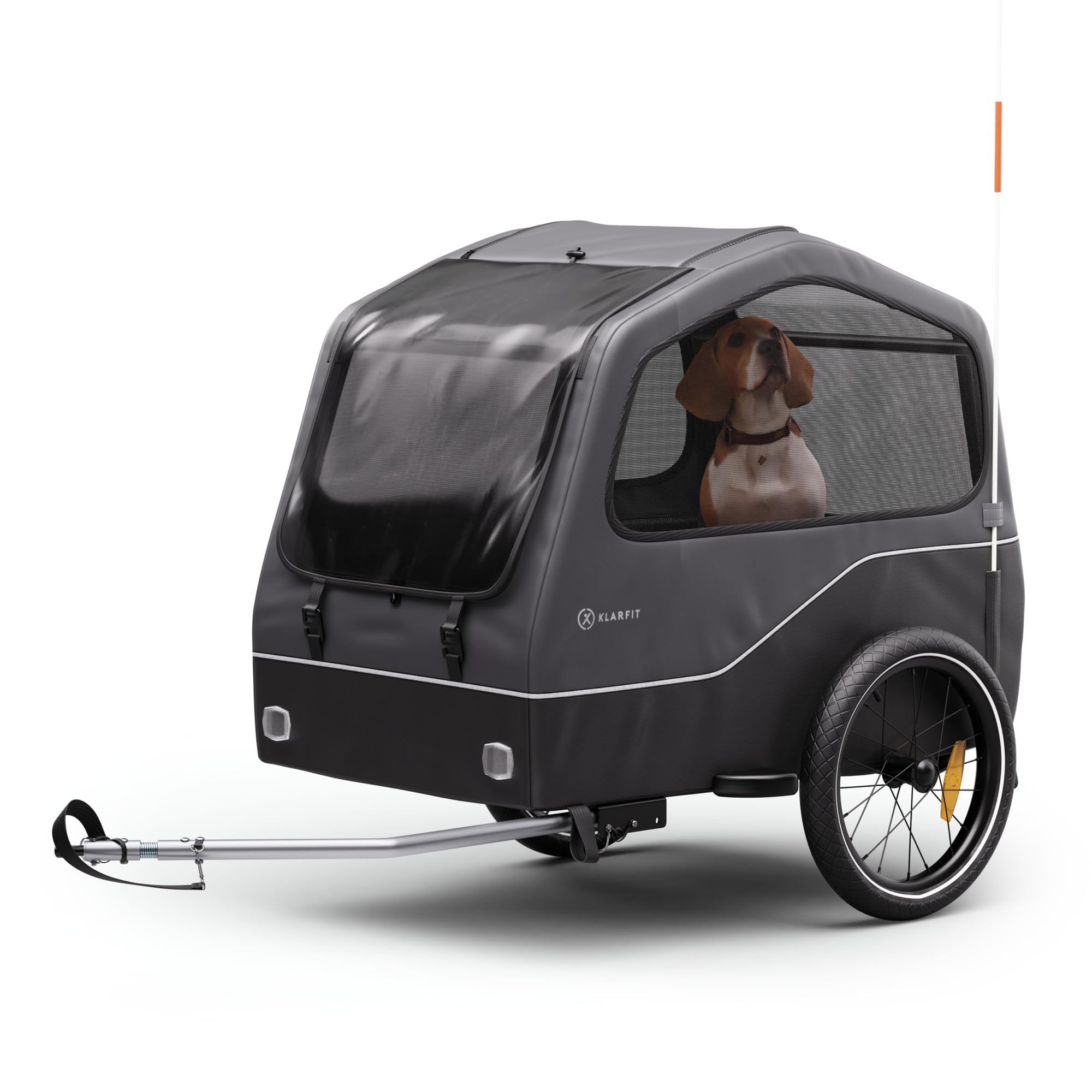 Klarfit Goldie Home Fahrradanhänger für Hunde, 334 L Volumen, Wasserabweisend, Reflektoren & Sicherheitsflagge, 40 kg Tragfähigkeit, Zusammenklappbar, 16-Zoll-Räder, Schwarz